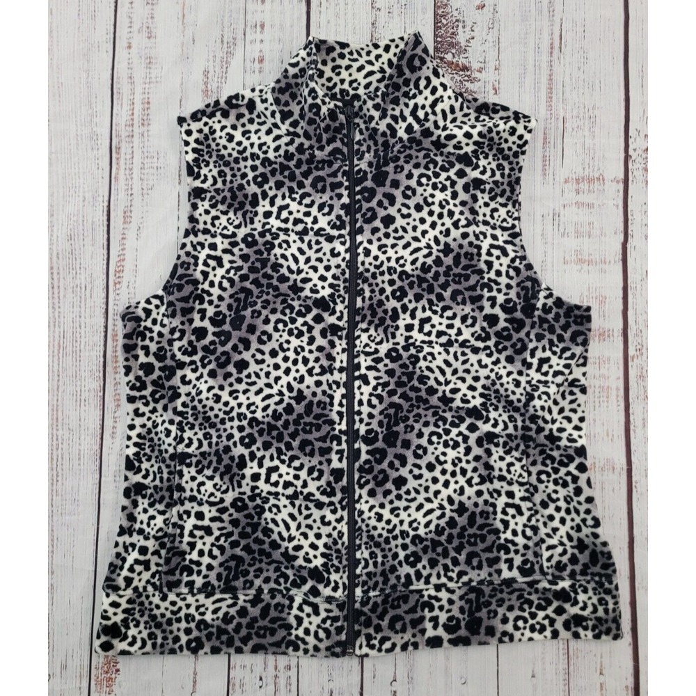 Kim Rogers Snow Leopard Print Cozy Full Zip Sleeveless Vest Women's L